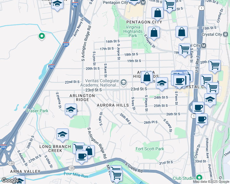 map of restaurants, bars, coffee shops, grocery stores, and more near 2301 South June Street in Arlington