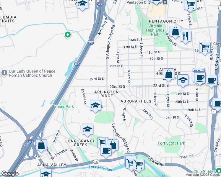 map of restaurants, bars, coffee shops, grocery stores, and more near 1230 23rd Street South in Arlington
