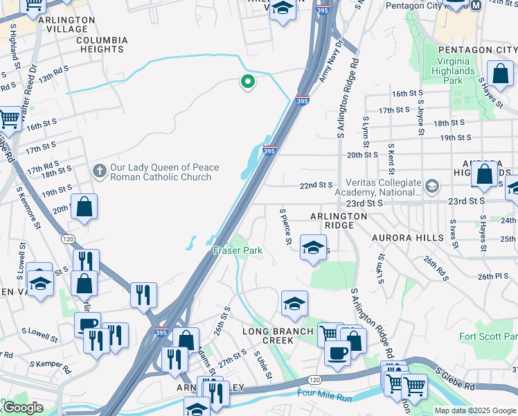 map of restaurants, bars, coffee shops, grocery stores, and more near 1704 23rd Street South in Arlington