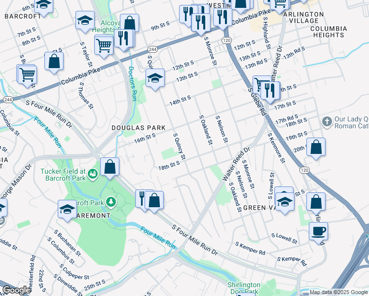 map of restaurants, bars, coffee shops, grocery stores, and more near 1711 South Quincy Street in Arlington