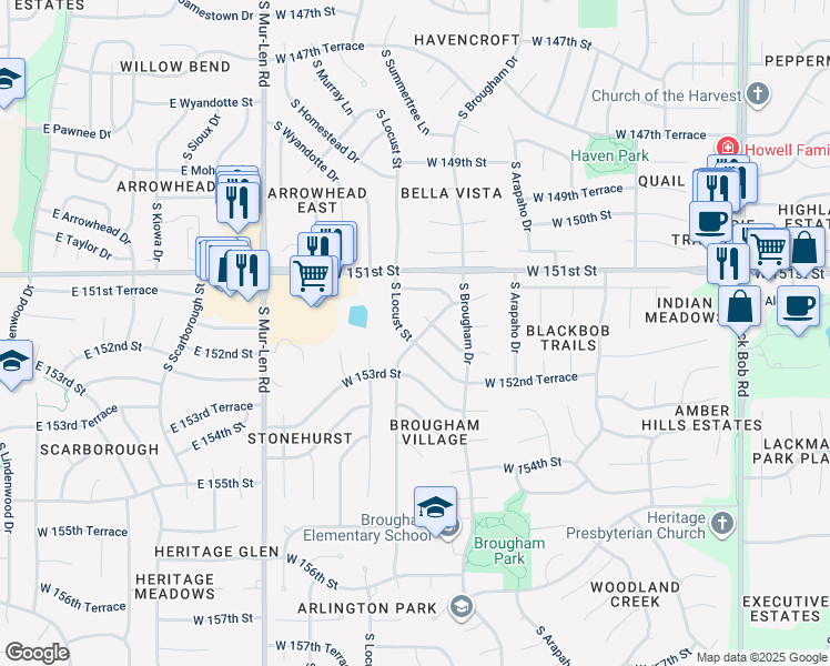 map of restaurants, bars, coffee shops, grocery stores, and more near 15136 South Locust Street in Olathe