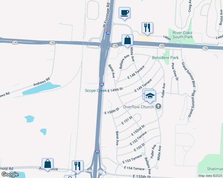 map of restaurants, bars, coffee shops, grocery stores, and more near 5814 East 149th Street in Grandview