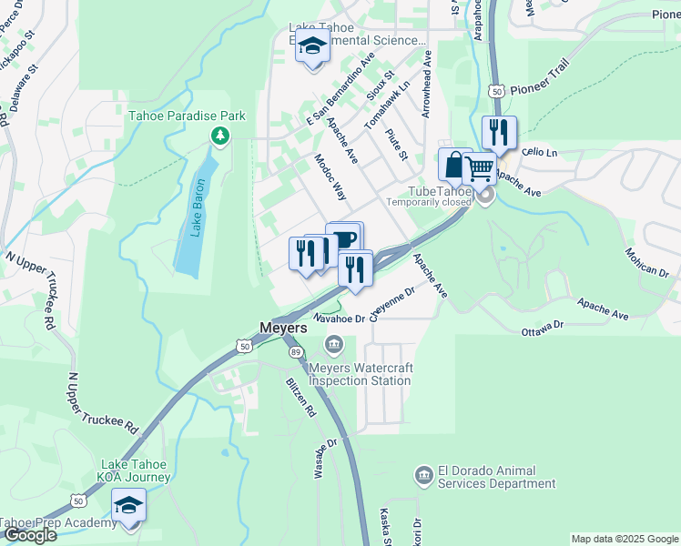 map of restaurants, bars, coffee shops, grocery stores, and more near 1078 Magua Street in South Lake Tahoe