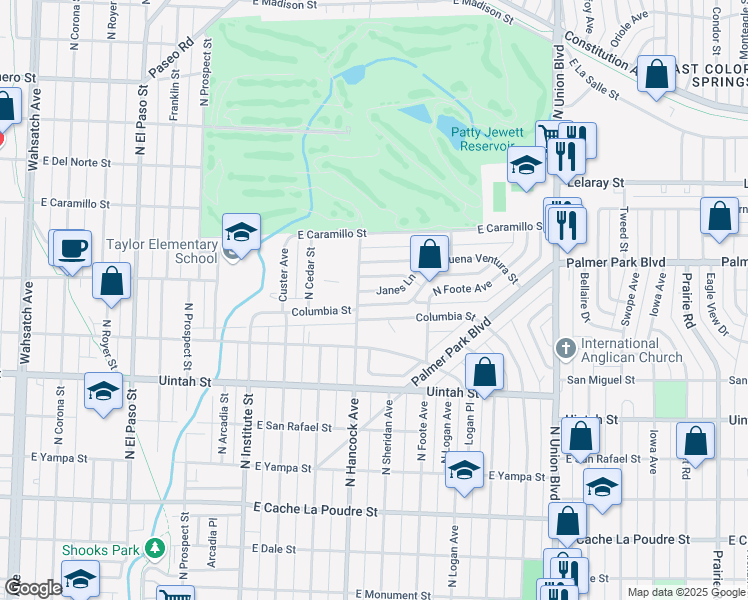 map of restaurants, bars, coffee shops, grocery stores, and more near 1211 Janes Lane in Colorado Springs