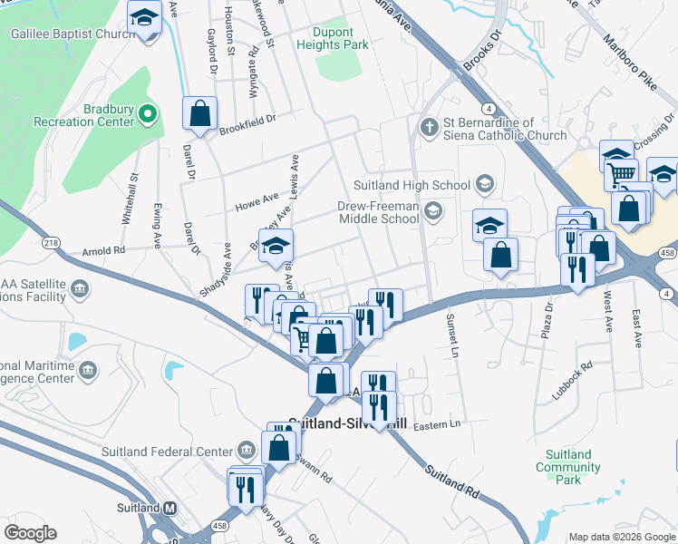 map of restaurants, bars, coffee shops, grocery stores, and more near 4752 Towne Park Road in Hillcrest Heights