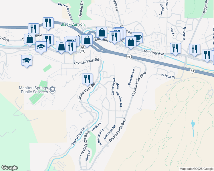 map of restaurants, bars, coffee shops, grocery stores, and more near 5 Mountain View Lane in Manitou Springs