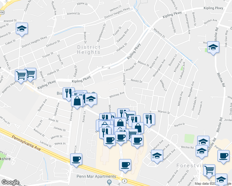 map of restaurants, bars, coffee shops, grocery stores, and more near 7008 Whitney Avenue in District Heights