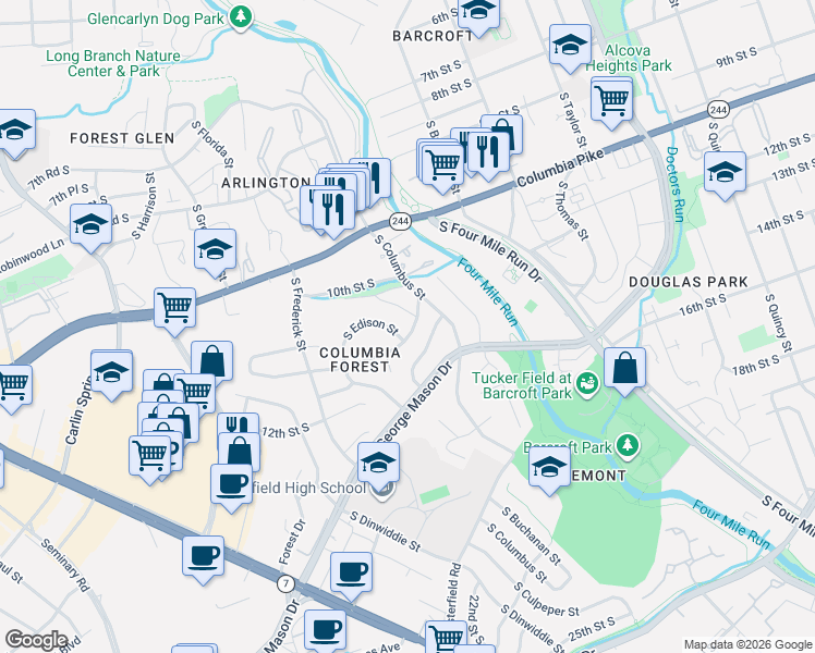 map of restaurants, bars, coffee shops, grocery stores, and more near 5005 11th Street South in Arlington