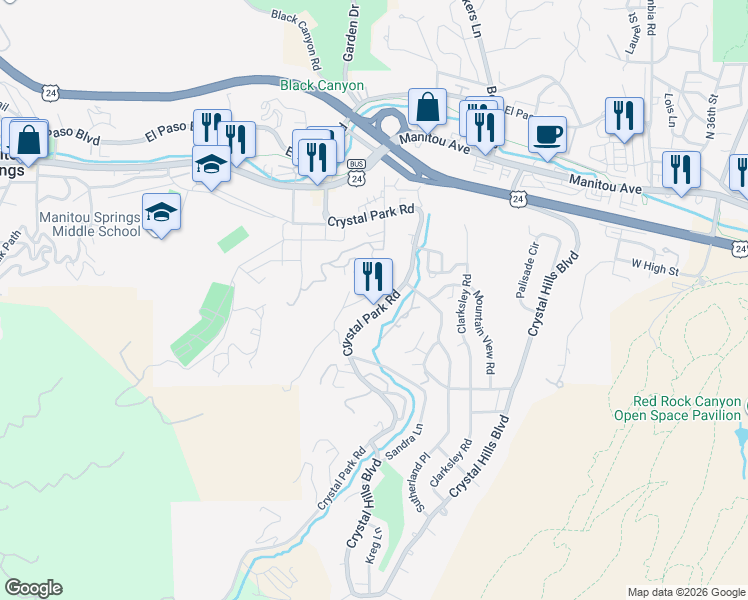 map of restaurants, bars, coffee shops, grocery stores, and more near 173 Chelten Road in Manitou Springs