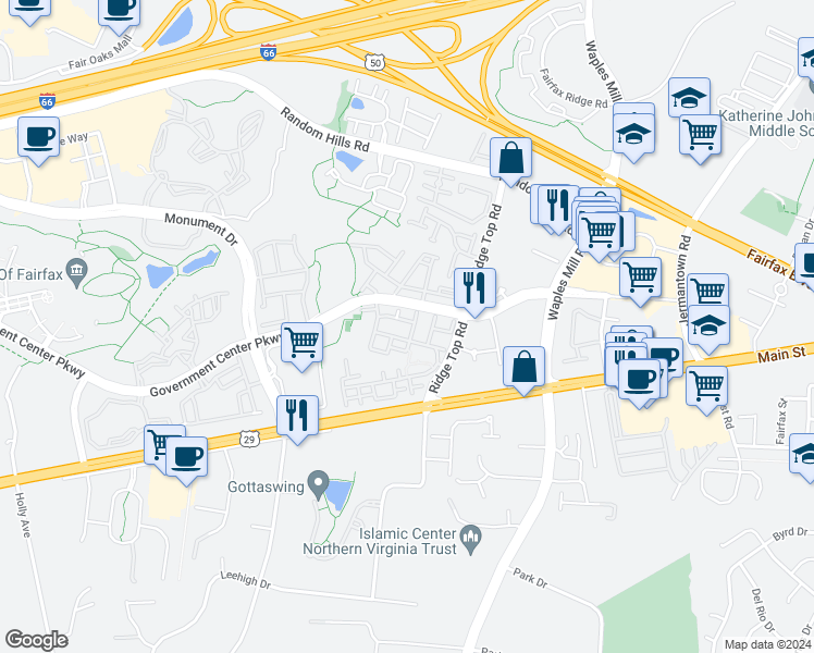 map of restaurants, bars, coffee shops, grocery stores, and more near 11403 Mactavish Heights in Fairfax