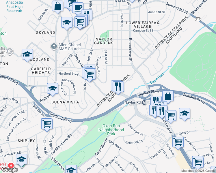 map of restaurants, bars, coffee shops, grocery stores, and more near 2826 31st Street Southeast in Washington