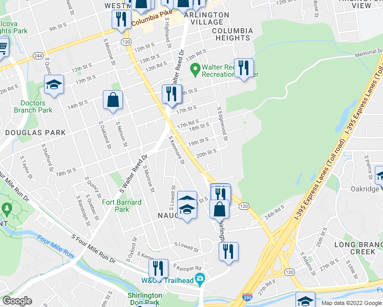 map of restaurants, bars, coffee shops, grocery stores, and more near 1921 South Glebe Road in Arlington
