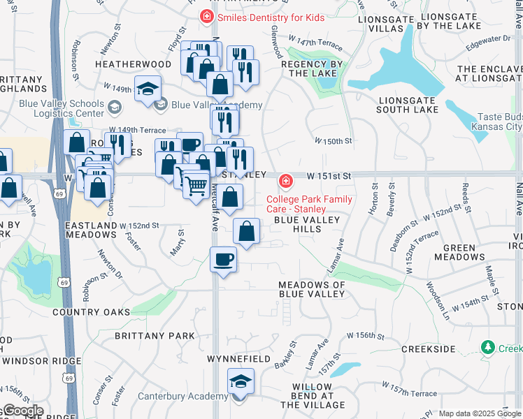 map of restaurants, bars, coffee shops, grocery stores, and more near 6855 West 151st Terrace in Overland Park