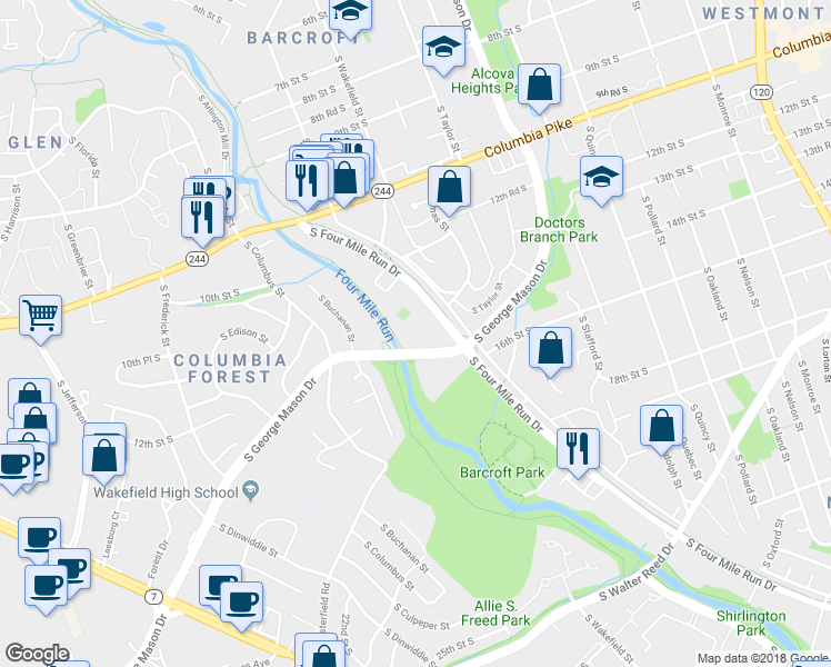 map of restaurants, bars, coffee shops, grocery stores, and more near 1510 South George Mason Drive in Arlington
