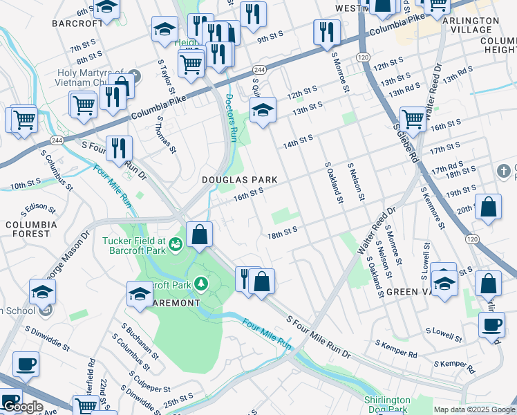 map of restaurants, bars, coffee shops, grocery stores, and more near 1619 South Stafford Street in Arlington