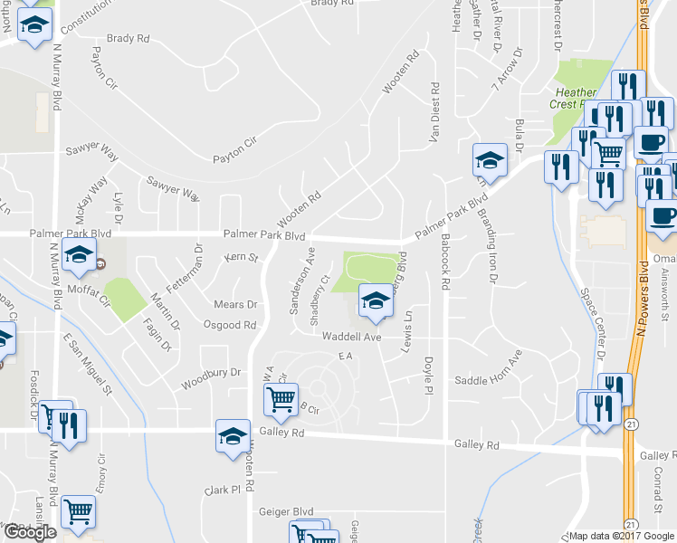 map of restaurants, bars, coffee shops, grocery stores, and more near 1465 Shadberry Court in Colorado Springs