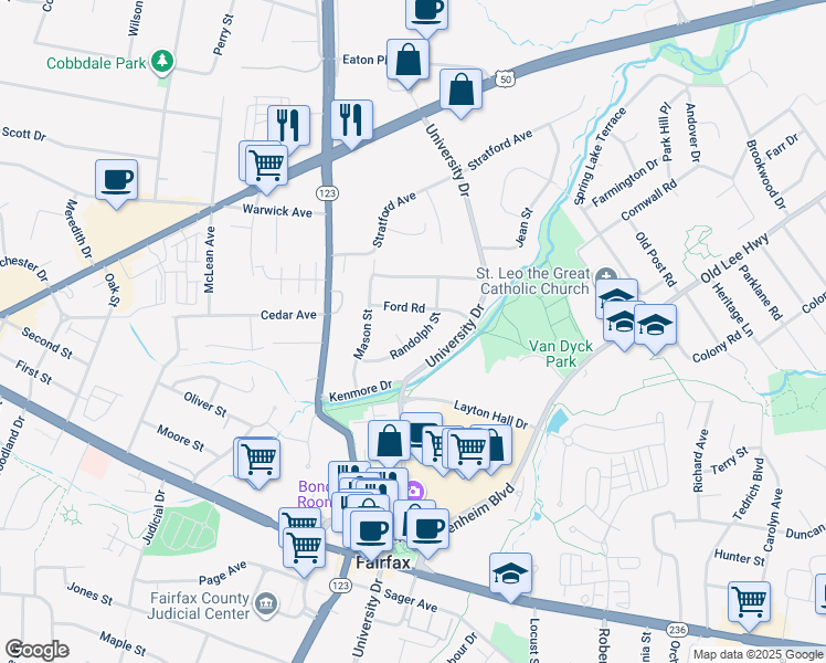 map of restaurants, bars, coffee shops, grocery stores, and more near 3708 Randolph Street in Fairfax