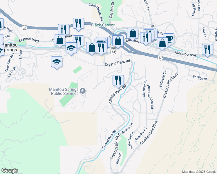 map of restaurants, bars, coffee shops, grocery stores, and more near 4 Spur Road in Manitou Springs