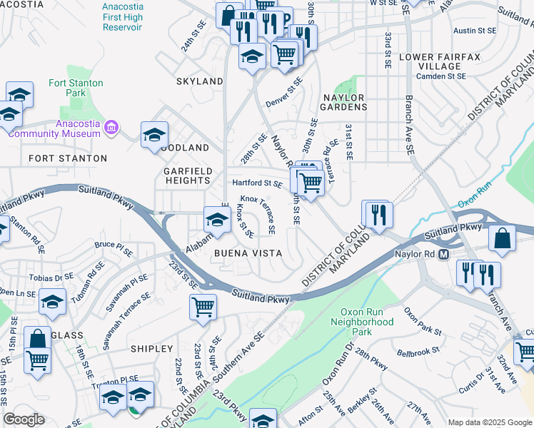 map of restaurants, bars, coffee shops, grocery stores, and more near 2727 Knox Terrace Southeast in Washington