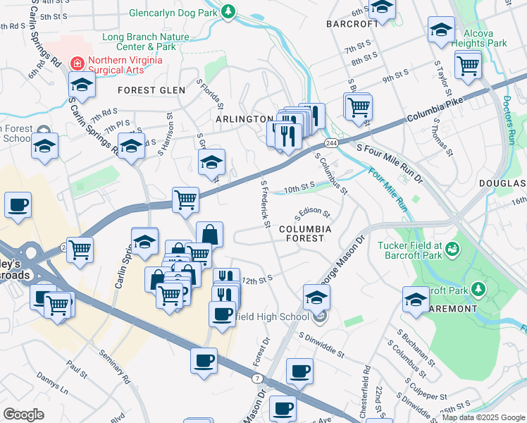 map of restaurants, bars, coffee shops, grocery stores, and more near 1020 South Frederick Street in Arlington
