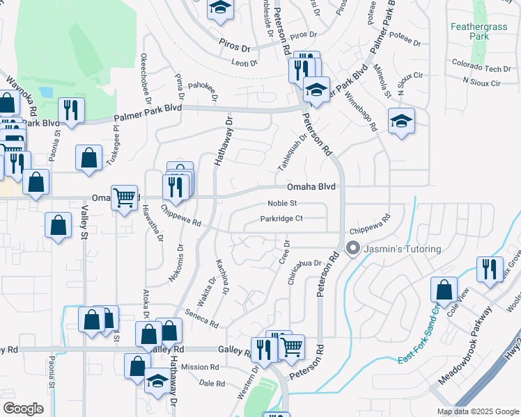 map of restaurants, bars, coffee shops, grocery stores, and more near 6665 Noble Street in Colorado Springs