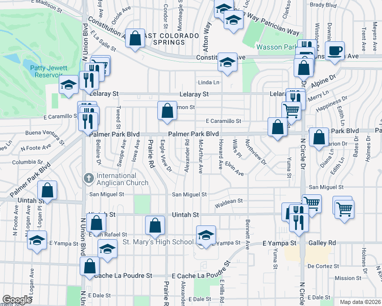 map of restaurants, bars, coffee shops, grocery stores, and more near 1411 Alexander Road in Colorado Springs