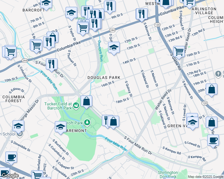 map of restaurants, bars, coffee shops, grocery stores, and more near 1619 South Stafford Street in Arlington