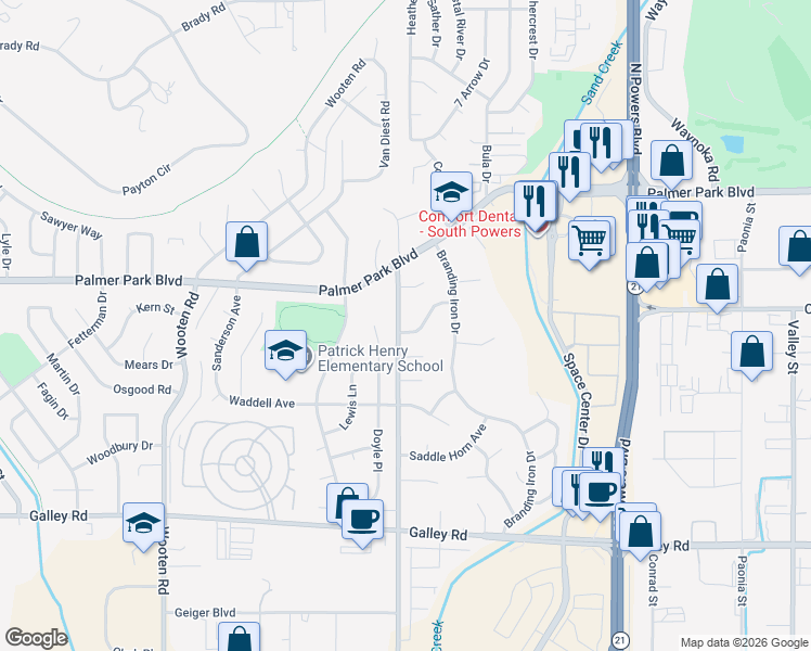 map of restaurants, bars, coffee shops, grocery stores, and more near 5329 Silver Spur Avenue in Colorado Springs