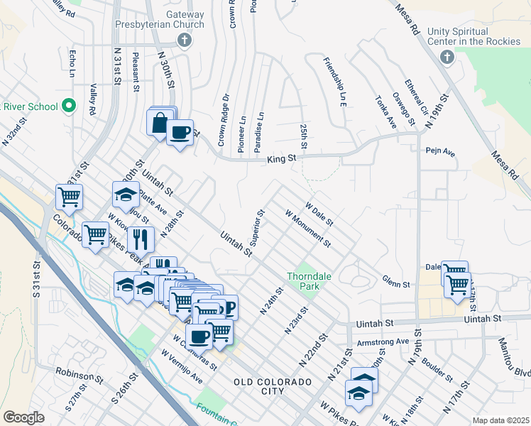 map of restaurants, bars, coffee shops, grocery stores, and more near 603 Superior Street in Colorado Springs