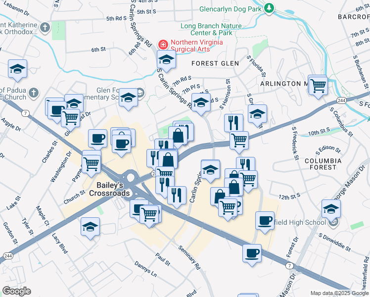 map of restaurants, bars, coffee shops, grocery stores, and more near 5624 Columbia Pike in Falls Church