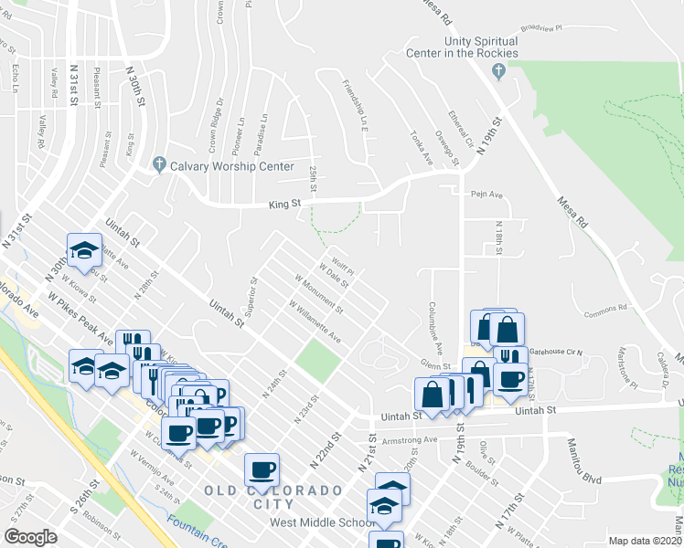 map of restaurants, bars, coffee shops, grocery stores, and more near 2406 West Dale Street in Colorado Springs