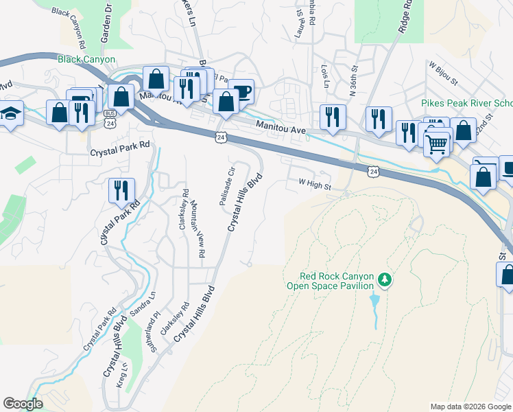 map of restaurants, bars, coffee shops, grocery stores, and more near 141 Crystal Valley Road in Manitou Springs