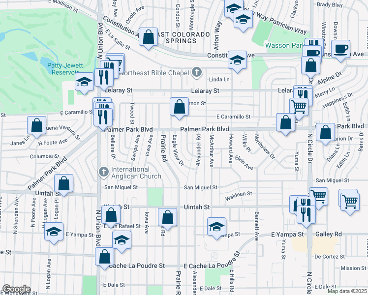 map of restaurants, bars, coffee shops, grocery stores, and more near 1420 Monteagle Street in Colorado Springs