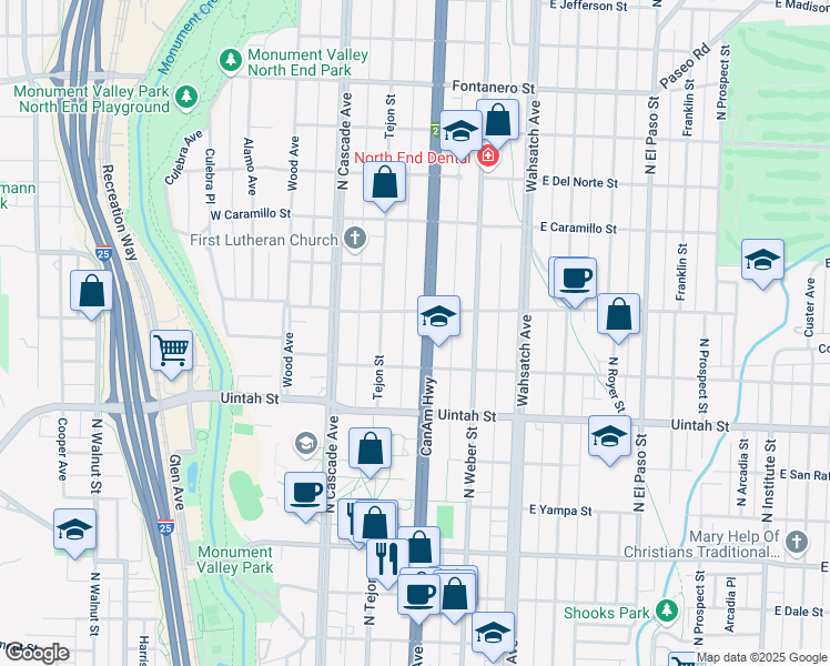 map of restaurants, bars, coffee shops, grocery stores, and more near 1328 North Nevada Avenue in Colorado Springs