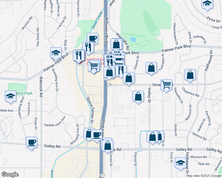 map of restaurants, bars, coffee shops, grocery stores, and more near 1480 Ainsworth Street in Colorado Springs
