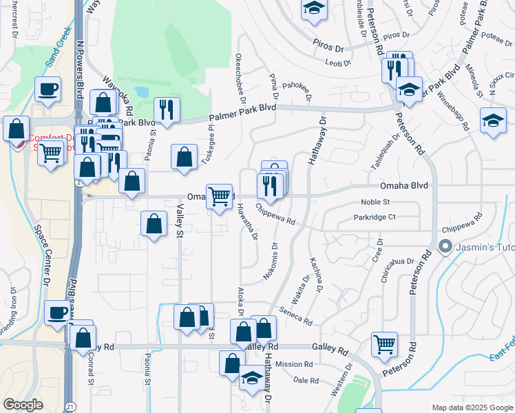 map of restaurants, bars, coffee shops, grocery stores, and more near 6359 Chippewa Road in Colorado Springs