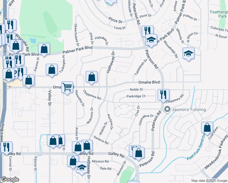 map of restaurants, bars, coffee shops, grocery stores, and more near 6610 Noble Street in Colorado Springs