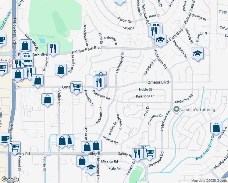 map of restaurants, bars, coffee shops, grocery stores, and more near 1466 Hathaway Drive in Colorado Springs