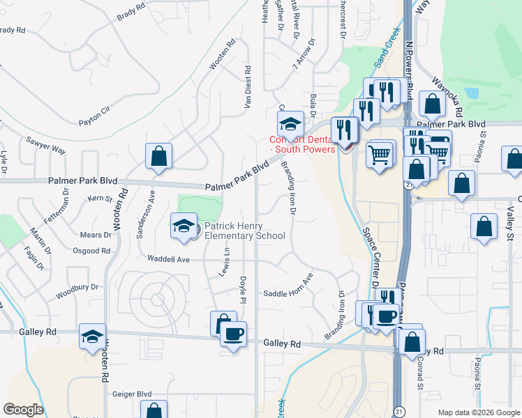 map of restaurants, bars, coffee shops, grocery stores, and more near 5329 Silver Spur Avenue in Colorado Springs