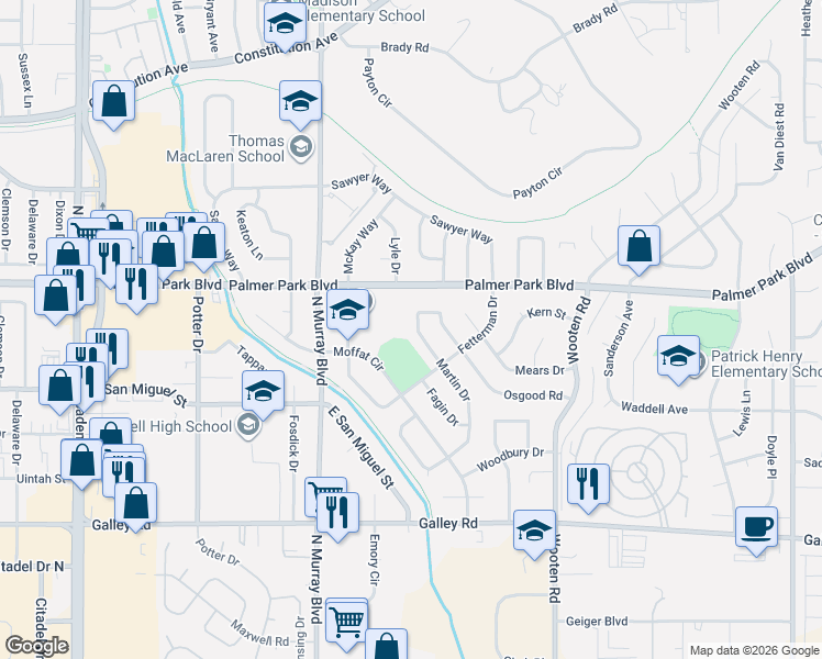 map of restaurants, bars, coffee shops, grocery stores, and more near 1410 Martin Drive in Colorado Springs