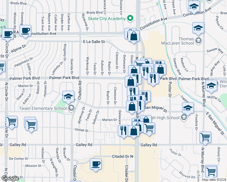 map of restaurants, bars, coffee shops, grocery stores, and more near 1407 Clemson Drive in Colorado Springs