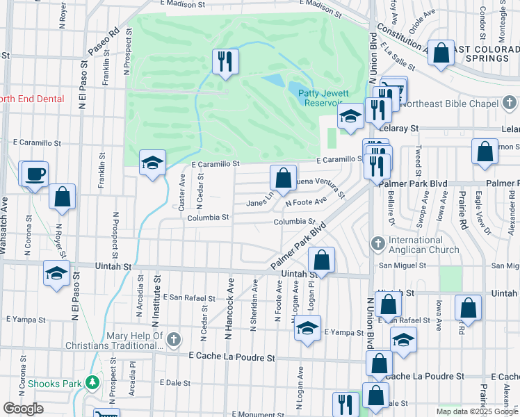 map of restaurants, bars, coffee shops, grocery stores, and more near 1239 Janes Lane in Colorado Springs