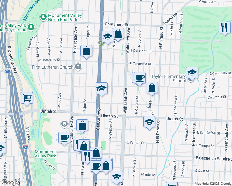 map of restaurants, bars, coffee shops, grocery stores, and more near 1327 North Weber Street in Colorado Springs