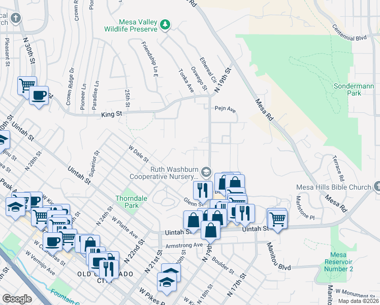 map of restaurants, bars, coffee shops, grocery stores, and more near 980 Columbine Avenue in Colorado Springs