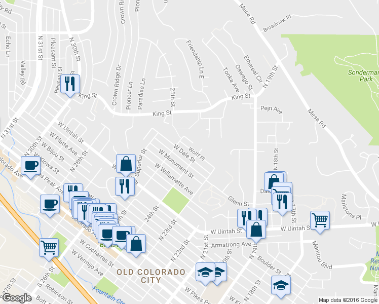 map of restaurants, bars, coffee shops, grocery stores, and more near 2423 West Dale Street in Colorado Springs