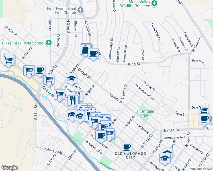 map of restaurants, bars, coffee shops, grocery stores, and more near in Colorado Springs