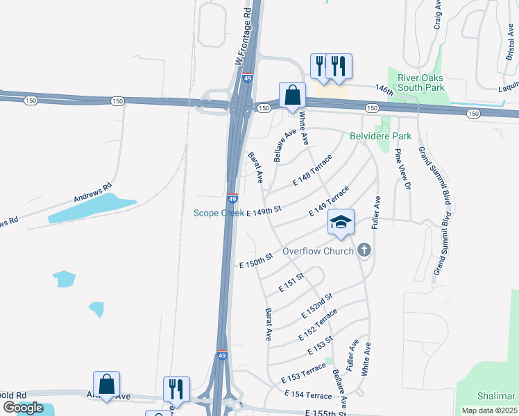 map of restaurants, bars, coffee shops, grocery stores, and more near 5814 East 149th Street in Grandview