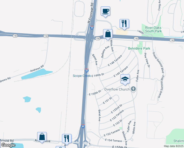 map of restaurants, bars, coffee shops, grocery stores, and more near 5814 East 149th Street in Grandview