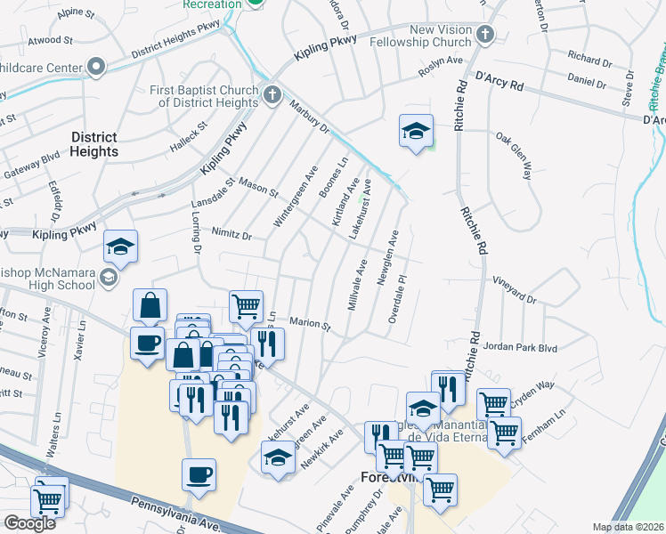 map of restaurants, bars, coffee shops, grocery stores, and more near 2613 Lakehurst Avenue in District Heights