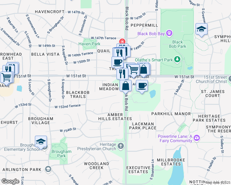 map of restaurants, bars, coffee shops, grocery stores, and more near 15208 West 152nd Street in Olathe